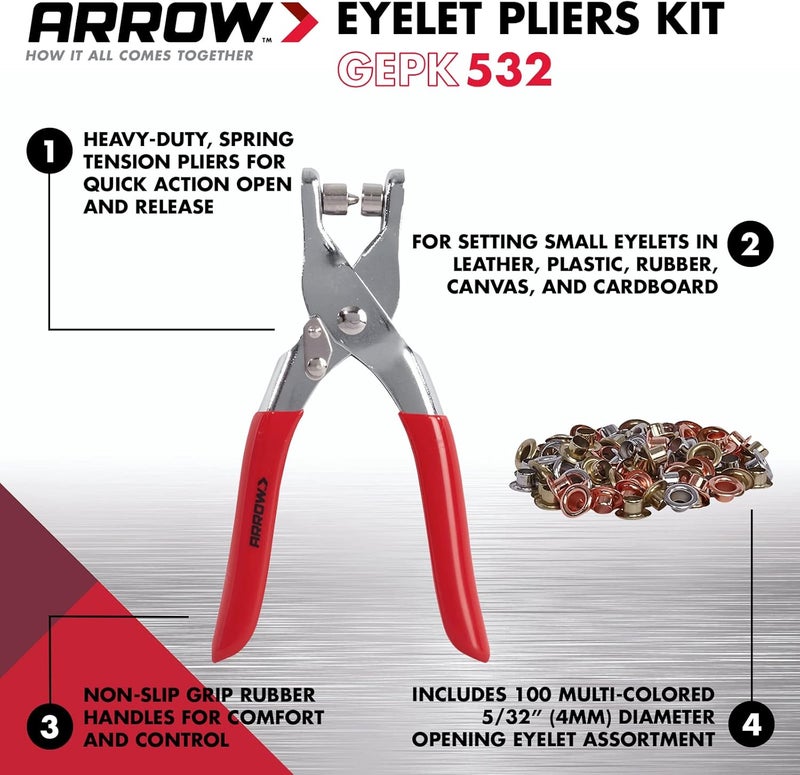 Arrow Fastener Arrow GEPK532 Eyelet Tool Kit, Hole Punch Pliers for Fabric, Leather, Canvas, Includes 100 Eyelets, 5/32-Inch, Gold,silver - Image 2